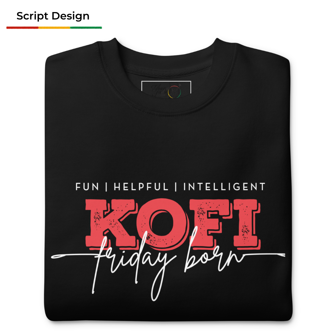 A folded black t-shirt with a graphic print that reads 'FUN | HELPFUL | INTELLIGENT KOFI Friday born' in white and red text, displayed on a clean white background with a 'Script Design' label in the top-left corner.