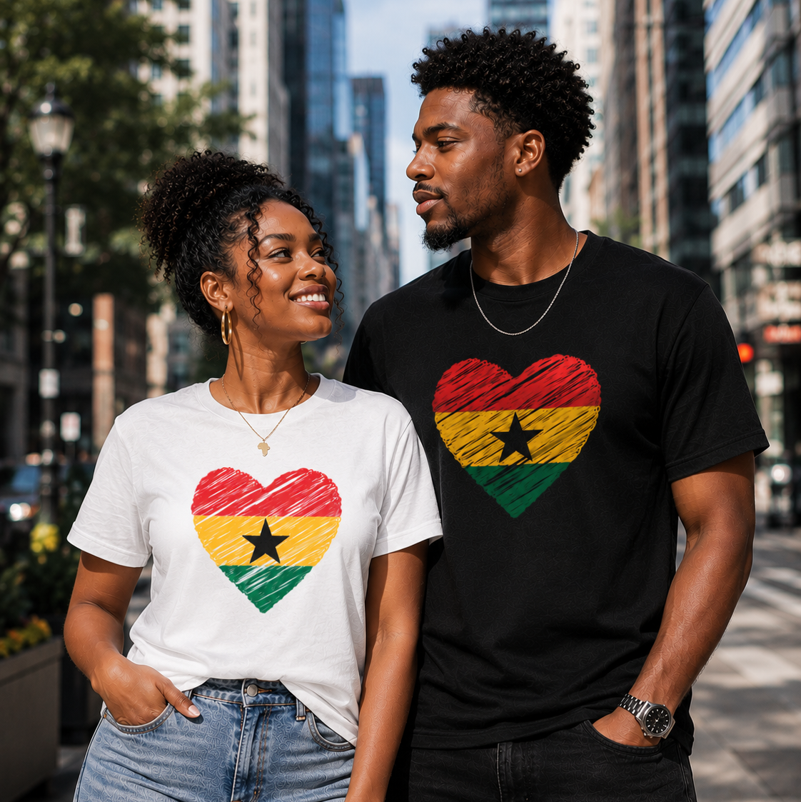 Two people wearing t-shirts with a heart design featuring the Ghanaian flag in an urban setting.