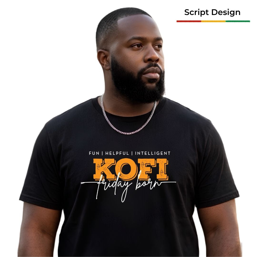 A man wearing a black graphic t-shirt with the text 'FUN | HELPFUL | INTELLIGENT KOFI Friday born' in orange and white lettering. The image has a white background.