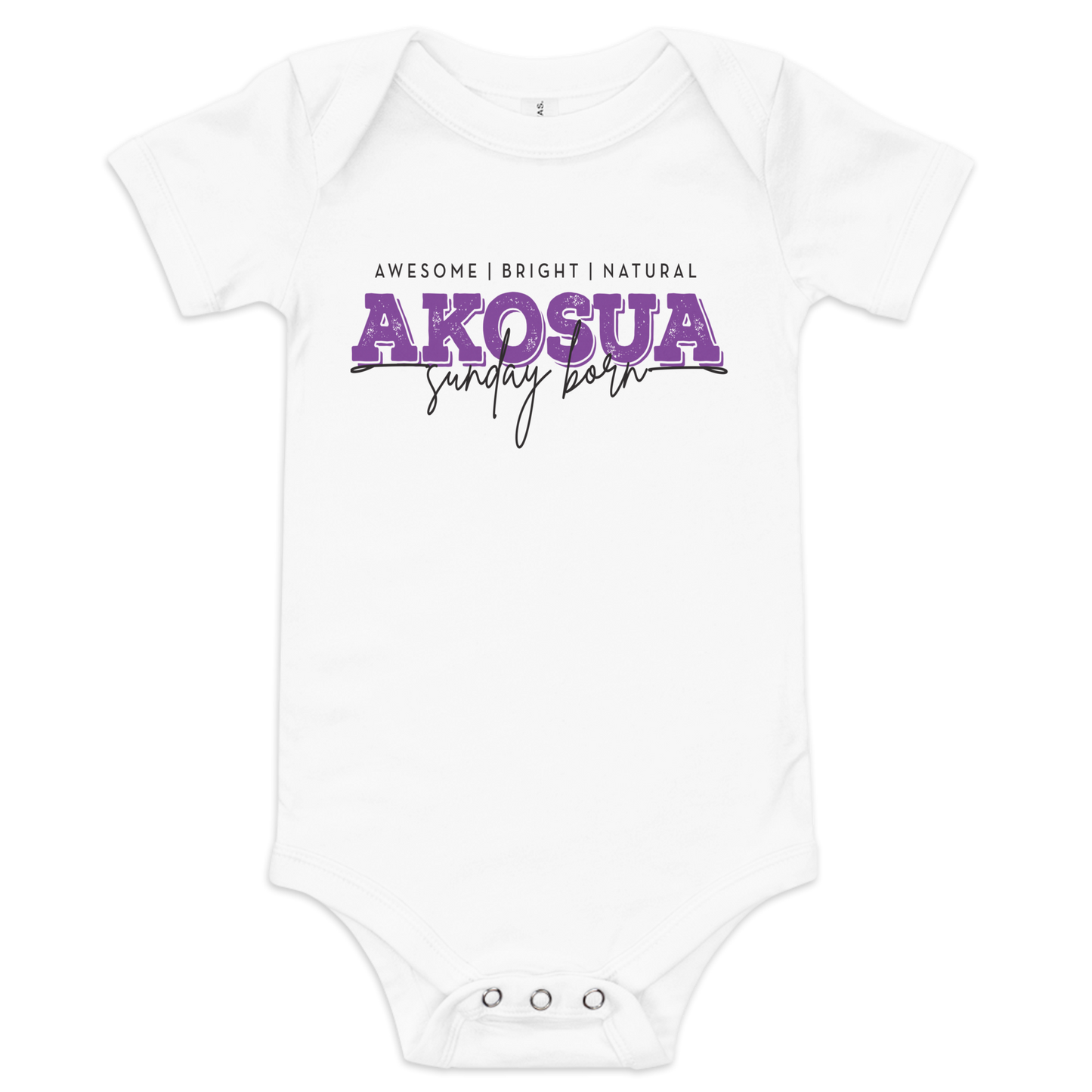 A white short-sleeve baby bodysuit with a graphic print on the chest reading 'AWESOME | BRIGHT | NATURAL AKOSUA sunday born' in purple and black lettering, shown on a plain white background.