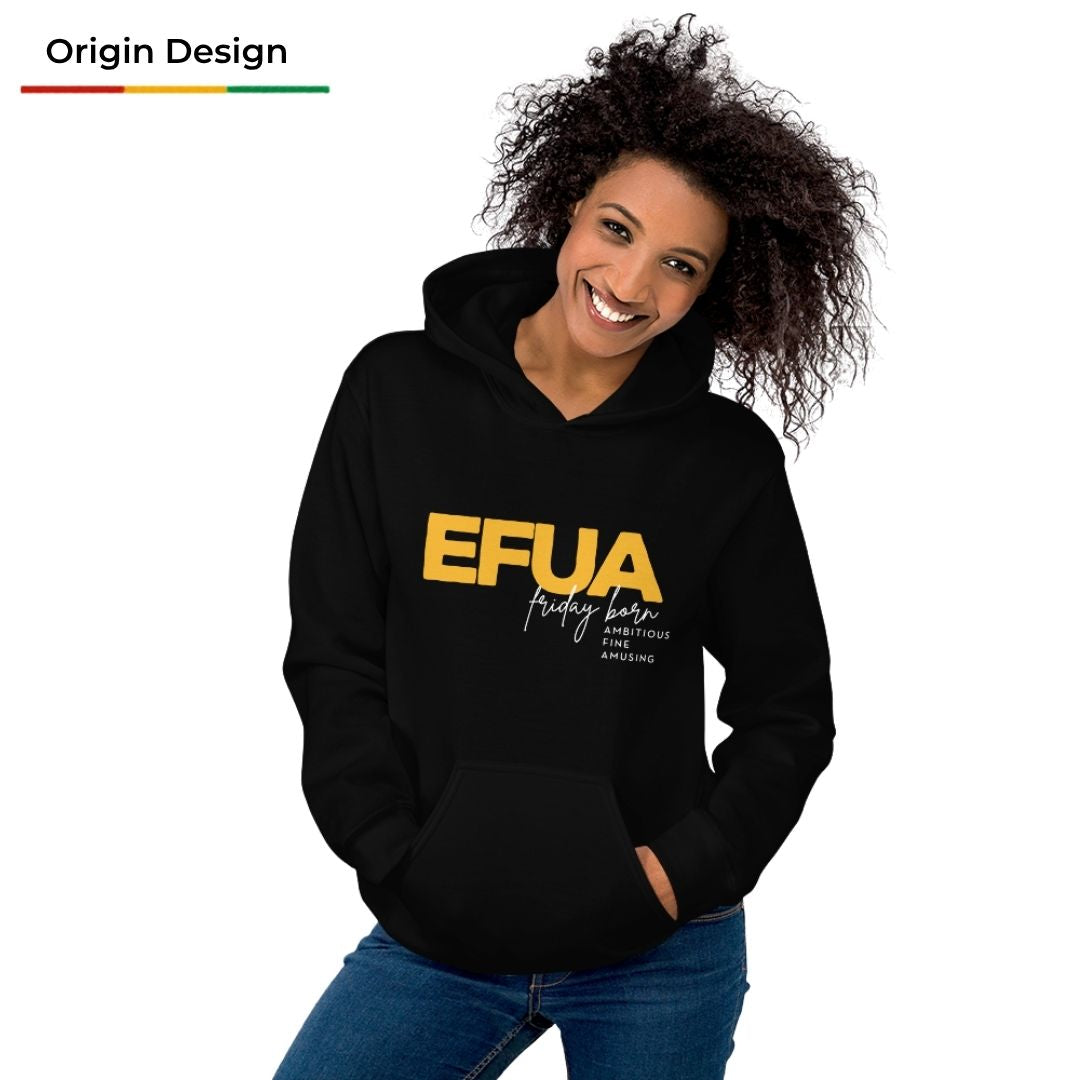 A woman with curly hair wearing a black pullover hoodie with a yellow and white 'EFUA Friday Night' graphic on the front, paired with blue jeans, against a plain white background. An 'Origin Design' label is visible in the top-left corner.