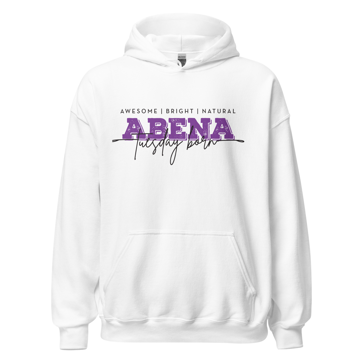 A white pullover hoodie with a graphic on the chest that reads 'AWESOME | BRIGHT | NATURAL ABENA Tuesday both' in purple and black text, shown on a plain white background.