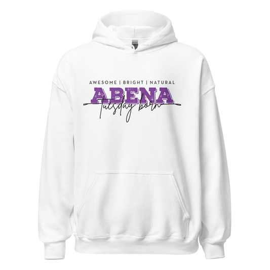 A white pullover hoodie with a graphic on the chest that reads 'AWESOME | BRIGHT | NATURAL ABENA Tuesday both' in purple and black text, shown on a plain white background.